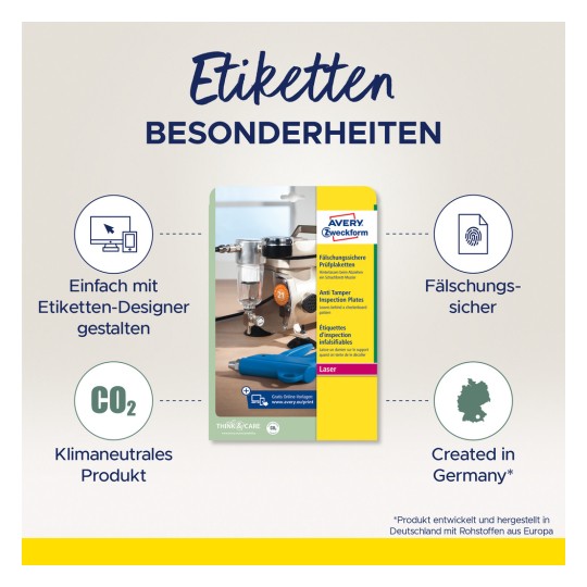 A kép a Avery Zweckform manipulálás-ellenes ellenőrző címkék csomagolását mutatja, kiemelve az egyszerű tervezést címketervezővel, a CO2-semlegességet és a Németországban gyártott terméket.