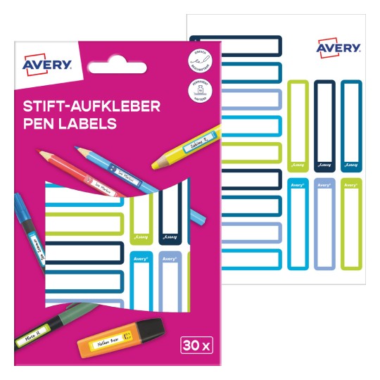 Csomagolási kép címkekivágattal: Avery címkék tollak jelölésére, Cikkszám: RESMI30G, Méret: 10 x 50 mm, Tartalom: 30 címke / 2 ív, 15 címke/ív.