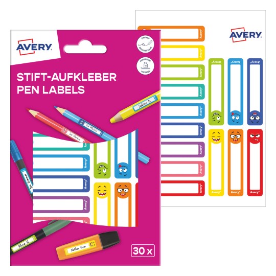 Csomagolási kép címkékkel: Avery tollak jelölésére szolgáló címkék, Cikk: RESMI30S, Méret: 10 x 50 mm, Tartalom: 30 címke / 2 ív, 15 címke/ív?