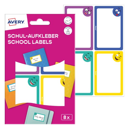 Csomagolási ábra címkés lappal: Avery könyvcímkék, Cikk: SCHOOL8S, Méret: 48 x 70 mm, Tartalom: 8 címke / 2 lap, 4 címke/lap?