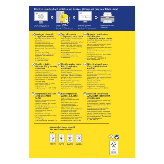 A kép tartalmaz egy többnyelvű cimkék és címkék listáját, amelyet Avery készített, beleértve az olyan specifikációkat, mint a méret, anyag és nyomtatási tippek. Német, angol, francia, dán, finn, holland, orosz és lengyel nyelvű szakaszokat tartalmaz.