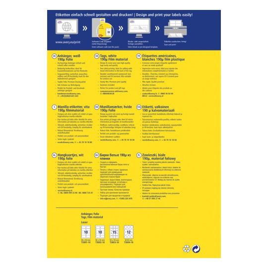 Egy tájékoztató kép az Avery különböző címketermékeiről, amely részletezi a specifikációkat, a nyelveket és a kapcsolati információkat, megkönnyítve a címkék és tagek létrehozását és nyomtatását.
