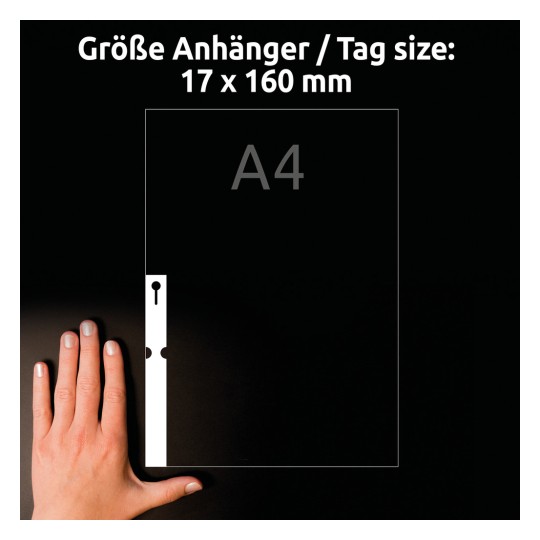 A kép egy kéz mellett egy címkét vagy kártyát ábrázol, amely a méreteit (17 x 160 mm) mutatja, A4 méretként megjelölve, fekete háttér előtt.