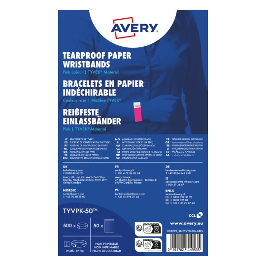 Termékábrázolás: Avery Zweckform, Cikk: TYVPK-50, Beléptető karszalagok, 19 x 256 mm, Kis csomag, 500 karszalag / 50 ív.