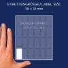 A kép egy címkelapot jelenít meg méretekkel és egy kézzel a méretezéshez. A címke mérete 38 x 18 mm, a lap formátuma pedig 127 x 160 mm.