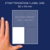 A kép egy címkearkot mutat megadott méretekkel, egy kéz a méretarányhoz. A címke mérete 80 x 54 mm, a teljes ív mérete pedig 120 x 162 mm.