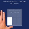 A képen egy kéz látható egy címkeméret diagram mellett, amely a 66 x 38 mm-es méreteket és a 120 x 134 mm-es lapformátumot jelzi.
