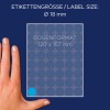 A képen a címkeméret illusztrációja látható, amely egy 18 mm-es átmérőt és egy 120 x 157 mm-es ívméretet jelez, mérethivatkozásként egy kéz is látható.
