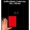 A kép egy kéz mellett egy piros, A4-es címkével ellátott téglalapot mutat, amelynek a mérete 105 x 148 mm fekete háttér előtt.