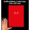 A kép egy piros A4-es méretű címkét mutat, amelynek mérete 210 x 297 mm. A címke mellett egy kéz van elhelyezve méretarányos viszonyításként.