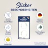 A képen egy csomag dekoratív matricát látunk, amelyek jellemzői az egyszerű címkézés, az eltávolítható ragasztó, az arany hatás, és fenntartható módon készültek Németországban.