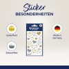 A képen egy csomag dekoratív matricák látható, szív alakúak arany és ezüst hatással. Részleteket mutat be, mint például a 'Made in Germany' és a márkanév, a matricák egyedi jellemzőire helyezve a hangsúlyt.
