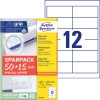 Csomagkép címkézett lapokkal: Avery Zweckform univerzális címkék, cikk: 4781-65, méret: 97 x 42,3 mm, nyomtatási alkalmasság: tintasugaras, lézer fekete/fehér, színes lézer, tartalom: 780 címke / 65 lap, 12 címke/lap.