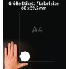 A kép egy kéz és egy címkeméret-táblázat mellett látható, amely 60 x 59,5 mm-es méreteket jelöl, A4-es méretre hivatkozva.