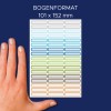 A képen tégla alakú címkék színes rácsa látható sötétkék háttéren, valamint egy kéz méretarányként. A megadott méretek: 101 x 152 mm.