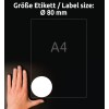 A kép egy kézfejet mutat, amely egy A4-es méretű papírlap mellett helyezkedik el, egy Ø 80 mm-es jelölésű kör alakú címkével.