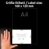 A kép egy 160 x 120 mm méretű címkét jelenít meg, valamint utasításokat a címke elhelyezésére vonatkozóan. Egy kéz a címke közelében van elhelyezve a méret jelzésére. A szöveg német és francia fordításokat, valamint egy logót is tartalmaz.