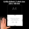 A kép egy 220 x 160 mm méretű címkesablont jelenít meg. Több nyelven tartalmaz utasításokat arról, hová kell elhelyezni a címkét, valamint egy kéz is látható a méret jelzésére. A címke Avery Zweckform márkájú.