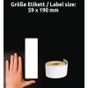 A kép egy kéz látható egy üres címke és egy tekercs címke mellett. A címke mérete 59 x 190 mm.
