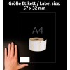 A kép egy kéz mellett egy üres címkéket tartalmazó tekercset mutat, amely a 57 x 32 mm-es címkeméretet és az A4 formátumot jelzi.
