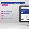 A kép az Avery Design & Print szoftver használatára vonatkozó útmutatásokat mutatja be, lépésekkel a kód megadásához, egy terv kiválasztásához vagy létrehozásához, és a nyomtatáshoz.