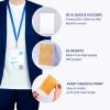 A kép egy kitűzőtartót mutat be a termékjellemzőkkel: 50 XL kitűzőtartó, 52 kiváló minőségű betét, valamint egyszerű tervezési és nyomtatási lehetőségek.