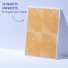 The image features a display of printed inserts. Each insert has a name and title in a clean, modern design with an orange background. Four inserts are visible: Mélina Dopper (Photographe), Claude Marite (Chargé de projet), Emie Mapp (Designer), and Coralie Miaping (Graphiste). The top includes the text '52 INSERTS ON SHEETS' and 'Print your own inserts.'