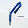 A kép egy kék nyakpántot mutat, amely egy fehér felületen fekszik, csipesszel. A felirat: '10 Lanyards', és egy nyíl mutat a nyakpántra.