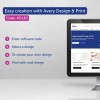 A kép az Avery Design & Print használatát népszerűsíti egyedi címkék és kártyák készítésére. Felsorolja a lépéseket, mint például a szoftverkód megadását, a design kiválasztását vagy létrehozását, és a nyomtatást körlevél egyesítéssel.