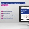 A kép egy Avery Design & Print promóciós grafikát mutat. Ez tartalmazza a szoftver használati útmutatóját, amely magában foglalja egy kód beírását, egy terv kiválasztását, egy egyedi terv létrehozását és nyomtatást körlevél egyesítéssel.