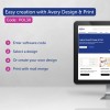 A kép az Avery Design & Print szoftver használati utasításait mutatja be, beleértve a szoftverkód bevitelének, egy dizájn kiválasztásának vagy létrehozásának, valamint a körlevél-nyomtatással való nyomtatás lépéseit.