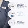 A képen egy zakót viselő férfi látható, aki névkitűzőt visel. Körülötte információk találhatók a névkitűzőkről, beleértve a mennyiségeket, a mágneses rögzítési lehetőségeket, és a személyre szabható betéteket.