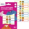 Csomagkép címkefüzettel: Avery textilcímkék, cikkszám: ETVET36A, méret: 13 x 45 mm, tartalom: 36 címke / 2 ív, 18 címke/ív?