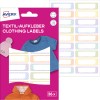 Csomagolási kép címkék lapjával: Avery Textilcímkék, Cikkszám: ETVET36M, Méret: 13 x 45 mm, Tartalom: 36 címke / 2 lap, 18 címke/lap.