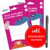 Csomagolás képe tartós filctollal: Avery, textilcímkék, cikkszám: ETVET36X2PEN, méret: 13 x 45 mm, tartalom: 72 címke / 4 lap, 18 címke/lap.