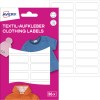 Csomagolás képe címkefüzettel: Avery textilcímkék, cikk: ETVET36, méret: 13 x 45 mm, tartalom: 36 címke / 2 ív, 18 címke/ív.