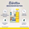 A képen egy Avery CD címkecsoma látható, amely kiemeli az olyan jellemzőket, mint a könnyű tervezés címketervezővel, a fenntartható papírhasználat, és hogy a termék Németországban készült.