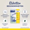 A kép az Avery Zweckform címkék termékcsomagolását mutatja, kiemelve az olyan jellemzőket, mint az egyszerű tervezés, az ultra grip technológia és a fenntarthatóság. Hangsúlyozza, hogy a termék Németországban készült és minden nyomtatóhoz alkalmas.