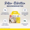 A képen egy Avery Zweckform tekercses címkecsoma golás látható, kiemelve a Dymo címkenyomtatókkal való kompatibilitást, a minőségbiztosítást kedvező áron és a környezetbarát termék részleteit.
