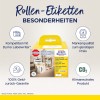 A kép egy Avery Zweckform tekercses címkék csomagolását mutatja, amelyen a jellemzők is szerepelnek. A termék kompatibilis a Dymo Labelwriterrel, hangsúlyozza a márka minőségét megfizethető áron, és kiemeli a pénz-visszatérítési garanciát és a klímasemlegességet.