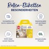 A képen egy Avery Zweckform tekercses címkék csomagolása látható. Kiemeli a kompatibilitást a Dymo Labelwriter készülékekkel, magas minőséget kínál alacsony áron, 100%-os pénz-visszafizetési garanciát, és hangsúlyozza a klímasemleges termékjellemzőit.