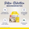A képen egy Avery Zweckform tekercses címkék csomagolása látható, amelyeket Dymo Labelwriter készülékekhez terveztek. Ki van emelve a kompatibilitás, a versenyképes áron elérhető minőség, a pénzvisszafizetési garancia és a környezeti szempontok.