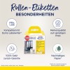 A kép egy csomag Avery címke tekercset ábrázol, kiemelve olyan jellemzőket, mint a Dymo Labelwriter kompatibilitás, pénz-visszafizetési garancia, alacsony áron elérhető márkaminőség és fenntartható papír.