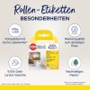 A kép egy Avery Zweckform tekercses címkék csomagolódobozát mutatja, kiemelve a Dymo LabelWriter-rel való kompatibilitást, a pénz-visszafizetési garanciát, a megfizethető áron elérhető márkaminőséget és a fenntartható papír használatát.