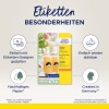 A képen az Avery Zweckform eltávolítható címkéinek termékhirdetése látható, amely kiemeli a tervezés egyszerűségét, az újrafelhasználhatóságot, a fenntartható papírt és azt, hogy Németországban készült.