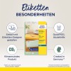 A képen Avery Zweckform átlátszó címkék csomagolása látható. Kiemeli a könnyű tervezést egy online eszközzel, a CO2 semlegességet és a QuickPEEL könnyű eltávolítást. A termék Németországban készült.