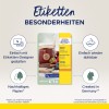 A kép az Avery Zweckform eltávolítható címkéinek csomagolását mutatja be, kiemelve az olyan jellemzőket, mint a címketervezővel egyszerű tervezés, a fenntartható papír használata és a Németországban történő gyártás. Egy dzsemes üveget is ábrázol, amelyen egy címke található.