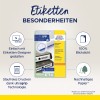 A kép az Avery Zweckform ultra grip címkékhez készült termékcsomagolást mutatja. Kiemeli olyan jellemzőket, mint a könnyű tervezés, minden nyomtatóval való kompatibilitás, és a fenntartható papírhasználat.