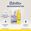 A kép az Avery Zweckform fényes címkéinek termékcsomagolását mutatja be, kiemelve olyan jellemzőket, mint az egyszerű tervezés online eszközzel, a fenntartható papír, valamint a termék Németországban készült.
