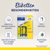 A képen az Avery Zweckform ultra grip címkék termékcsomagolása látható, amely kiemeli az egyszerű tervezést, a 100%-os átlátszóságot és a fenntartható papírt. Emellett említést tesz a technológiáról, amely lehetővé teszi a torlódásmentes nyomtatást.